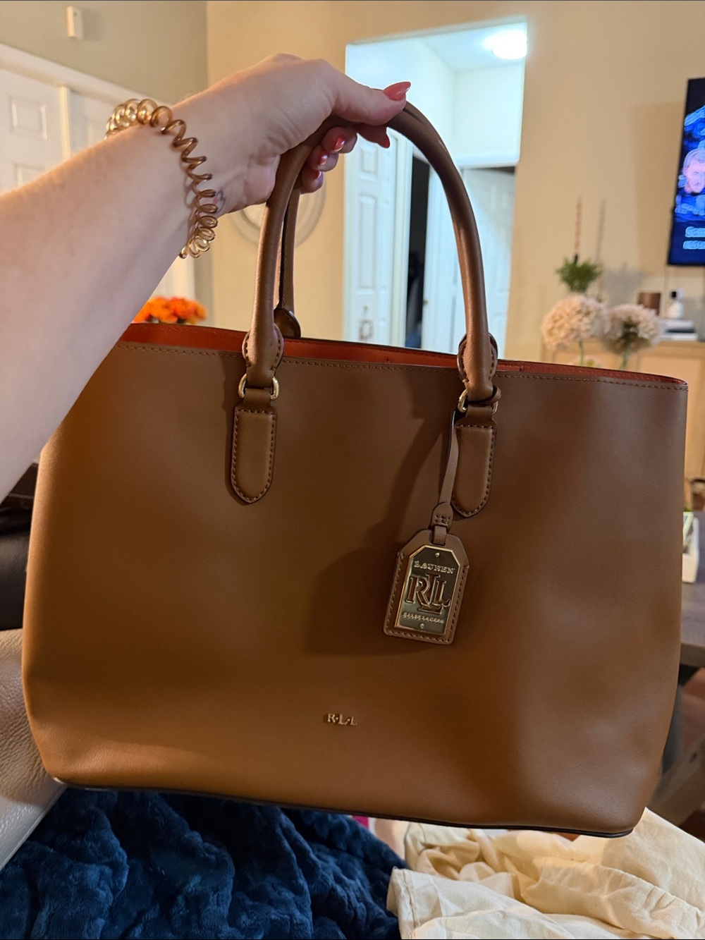 Ralph Lauren Cognac Smooth Leather Tote with RLL Tag